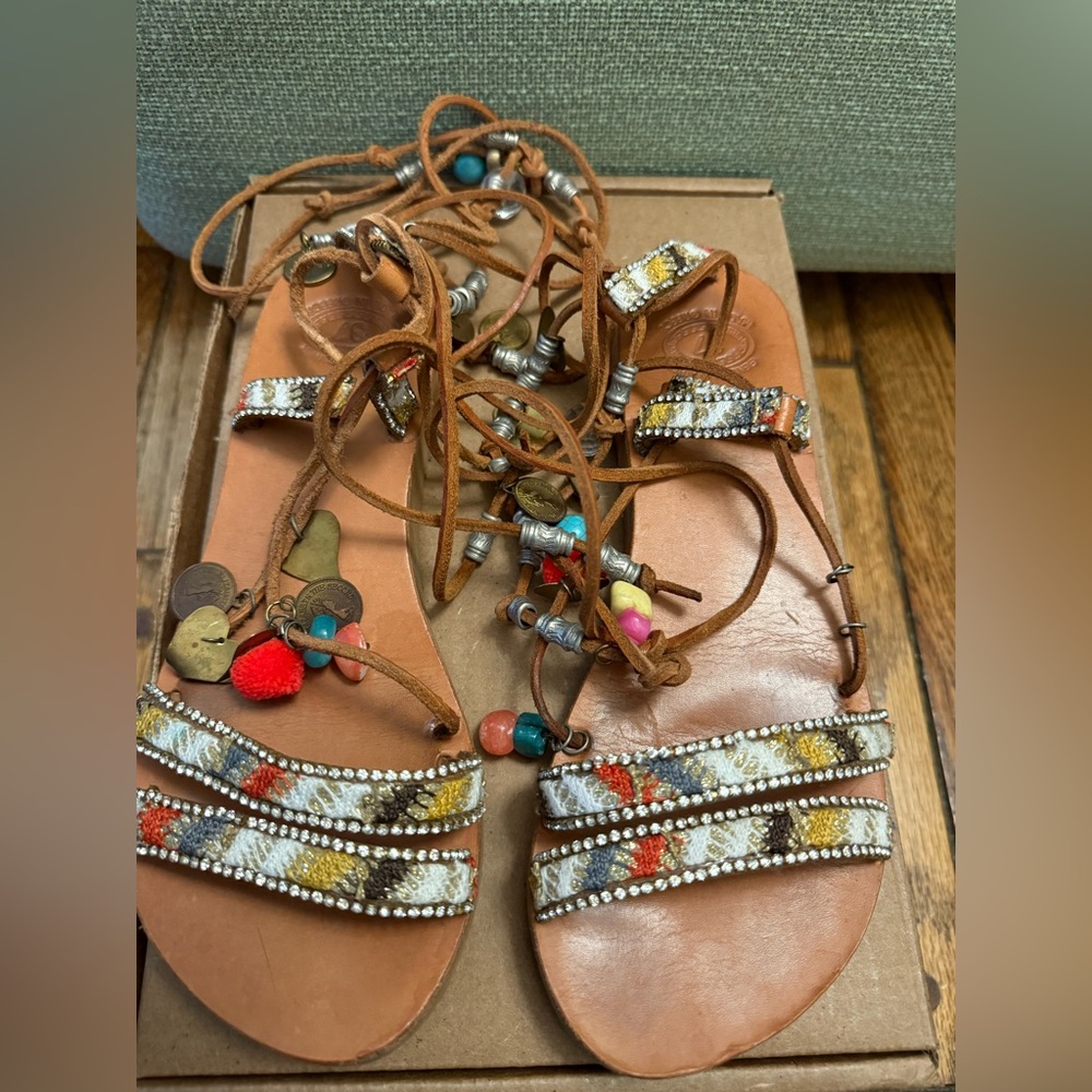 Elina Linardaki Leg-Wrap Leather Gladiator Sandals Size 37 Made in Greece